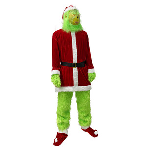 Costume du Grinch en velours rouge, tenue de Père Noël, pantalon fourré vert, ensemble de cosplay pour adulte, costume de fête, performance de Noël - Product Image 5