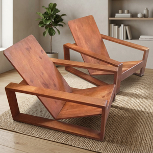 Solid Teak Wood Indoor Lounge <b>Chair</b> Blocky Crate Style <b>Reclined</b> Accent Sofa - Product Image 2