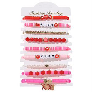 Valentine's Day <b>Bracelet</b> Set Pearl Heart <b>Couple</b> Stacking XOXO Polymer Clay Jewelry - Product Image 5