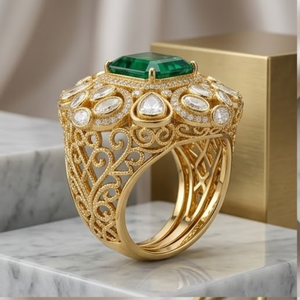 Anillo de Plata 925 con Esmeralda y Kundan, Chapado en Oro, Ajustable, Joyería Elegante para Mujer, para Fiestas Tradicionales - Product Image 2