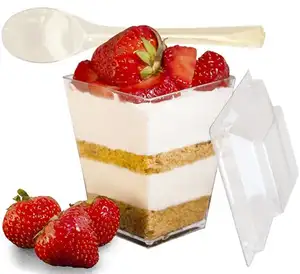 Tasse carrée en plastique de qualité alimentaire de 160ml, tiramisu, gelée de pudding, dessert de fête, tasse à gâteau en mousse jetable avec couvercle transparent