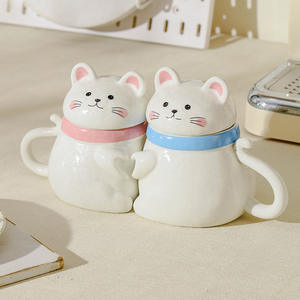Ensemble de tasses en céramique sur le thème du chat, avec couvercle et poignée, design de dessin animé, tasse à café de style nordique pour usage domestique, ensemble de deux pièces - Product Image 5