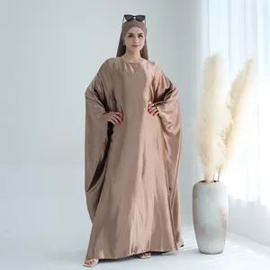 Luxury Wrinkle Satin Bat Sleeve Eid Abaya Dubai Islamic Clothing Robe Loose Large Gown Solid Color for Women Muslim Dress