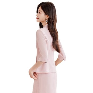 Pink Women's Suit Set Three Quarter Sleeve Midi Skirt Formal Workwear Anti-Wrinkle Polyester Blend - Product Image 5