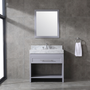 Grey Modern Solid Wood <b>Small</b> Bathroom <b>Vanity</b> with Grey Frame <b>Mirror</b> Freestanding Cabinet Carrara Marble Top 1 Drawer Open Shelf - Product Image 1