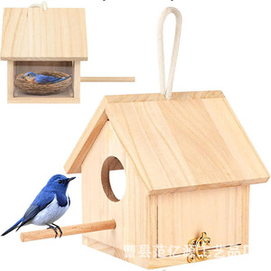 Nichoir en bois avec corde de suspension, couleur bois naturel, décoration extérieure pour colibris et pinsons - Product Image 1