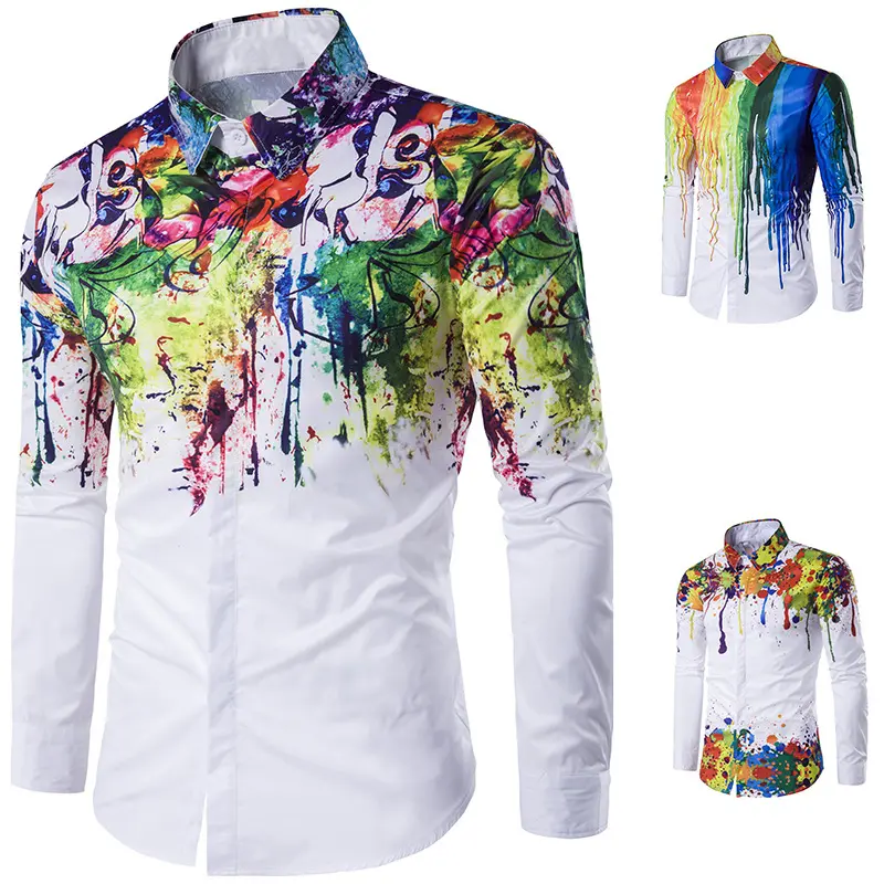 2022 new autumn men's personality 3D splash ink long sleeve shirt men's large size fashion casual shirt