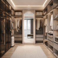 Système de dressing sur mesure avec miroir intégral, armoire sur mesure avec portes vitrées, éclairage LED chaud, meubles de rangement pour la maison