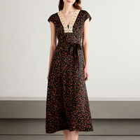 Robe midi élégante à imprimé floral personnalisé, dentelle crochet contrastante, col en V, manches courtes, ceinture, robes d'été françaises pour femmes