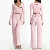 Set Yoga Wanita Lengan Panjang Model Wrap Top Elastisitas Tinggi Celana Legging Pinggang Tinggi Kaki Lebar Sensasi Nude untuk Olahraga Fitness