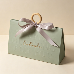Eco‑friendly Recyclable Triangular Paper Gift Bags Wholesale With Wooden Circle Handle Satin Ribbon Bow Embossed Text And Best - Product Image 1