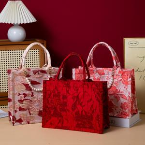 Bolsos de Mano de Lona de Algodón con Estampado Floral en Relieve Rosa de Lujo de Alta Calidad con Perlas para Mujer, Buenas Reseñas, Regalos para Bodas y Día de San Valentín - Product Image 6
