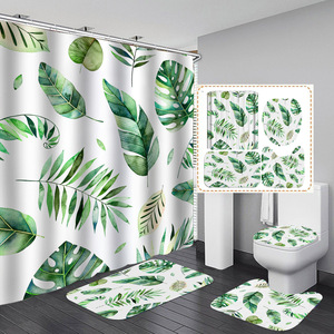 Ensemble <span class=keywords><strong>de</strong></span> 4 pièces imperméable et écologique à motif personnalisé <span class=keywords><strong>de</strong></span> feuilles tropicales, rideau <span class=keywords><strong>de</strong></span> douche et tapis <span class=keywords><strong>de</strong></span> <span class=keywords><strong>salle</strong></span> <span class=keywords><strong>de</strong></span> <span class=keywords><strong>bain</strong></span> lavables - Product Image 1