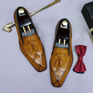Summer Men Handmade Genuine Leather Office Career Pointed Toe Fashion Tassels Hollow Breathable Anti-Slip <b>Dress</b> - Product Image 1