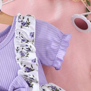 Robe à manches volantées avec nœud pour petites filles, ensemble deux pièces à motif floral mignon et patchwork, avec foulard, vêtements décontractés pour bébé fille - Product Image 4