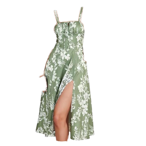 Women's Strapless A-Line Midi Dress Floral Printed Crisscross High Slit Fishbone Design Breathable <b>Spaghetti</b> Strap for Casual - Product Image 1