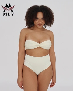 Costume da bagno di lusso MLY da donna, <span class=keywords><strong>bikini</strong></span> a due pezzi con ferretto, <span class=keywords><strong>senza</strong></span> <span class=keywords><strong>spalline</strong></span>, fantasia a tinta unita e dettaglio in metallo con logo in vita, abbigliamento da spiaggia - Product Image 6