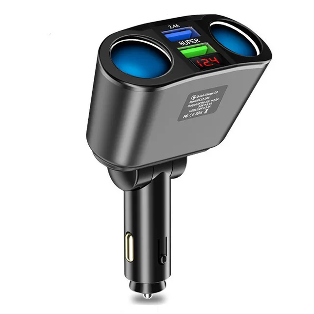 New Dual USB Type-C Car Charger with Digital Display Super Fast Charging Cigarette Lighter Expansion Car Charger for Car 2.4A