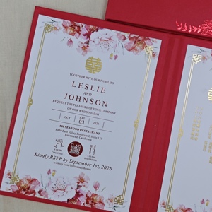 Chinese hardcover folio huwelijksuitnodiging op maat, rode folie roosrand, tweetalig, bloemrijk, oosterse fusion huwelijksuitnodigingen kaart - Product Image 5