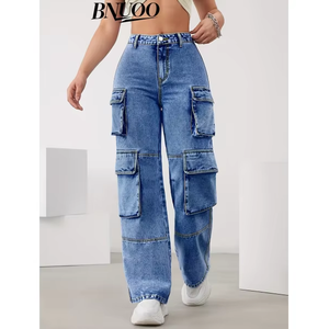 Jeans baggy pour femmes Style jambe droite de la rue principale Taille haute Jeans en denim à multiples poches Jeans <span class=keywords><strong>cargo</strong></span> empilés - Product Image 1