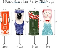 Lot de 4 mugs à cocktail en céramique isolés, peints à la main, style Tiki Hawaïen USA, compatibles lave-vaisselle et micro-ondes, pour boissons tropicales et piscine