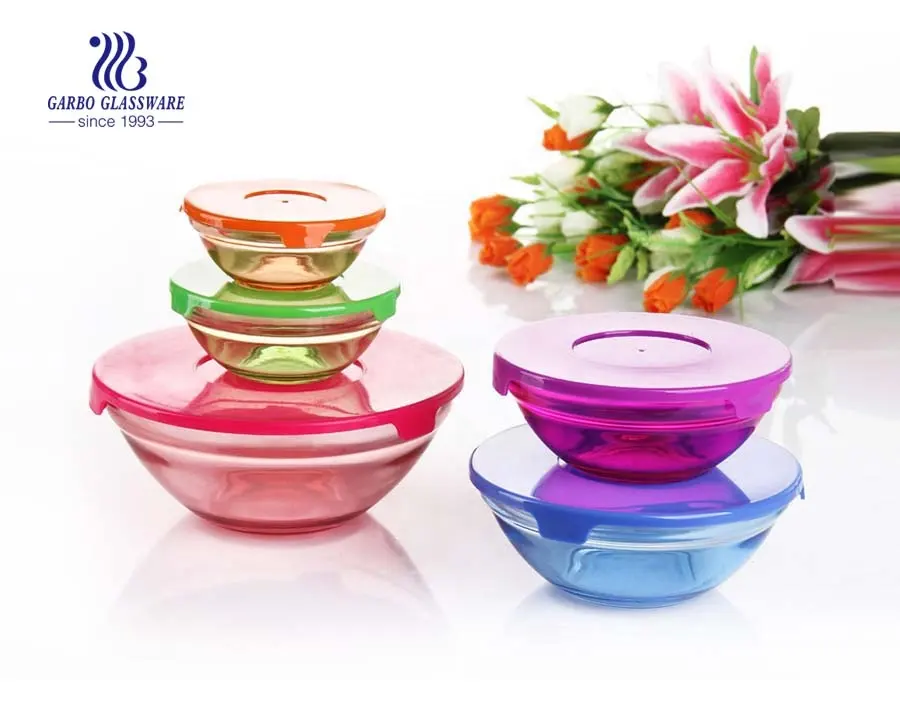 Color salad glass bowl set food container lunch bowls set with lid custom fresh food box sets glassware fruit storage boxes