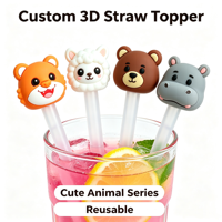 Capuchon de paille 3D personnalisé en PVC, motif animal (Tigre, Mouton, Ours, Hippopotame), anti-poussière, accessoires DIY pour gobelets et tasses
