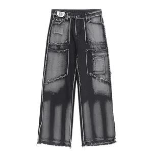 Personnalisation en gros mode Street Wear urbain moderne hommes Jeans Design sens vêtements lâche bord droit pantalons décontractés