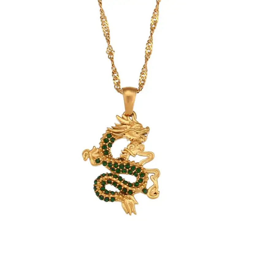 High Quality Vintage 18K Gold Plated Chinese Dragon Micro Pave Zircon Pendant Necklace 316L Stainless Steel Necklace 2023