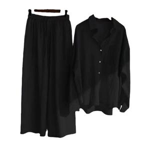 Ensemble 2 pièces pour femmes, pantalon ample <span class=keywords><strong>taille</strong></span> haute rétro <span class=keywords><strong>grande</strong></span> <span class=keywords><strong>taille</strong></span> et veste décontractée en coton et lin, printemps automne - Product Image 6