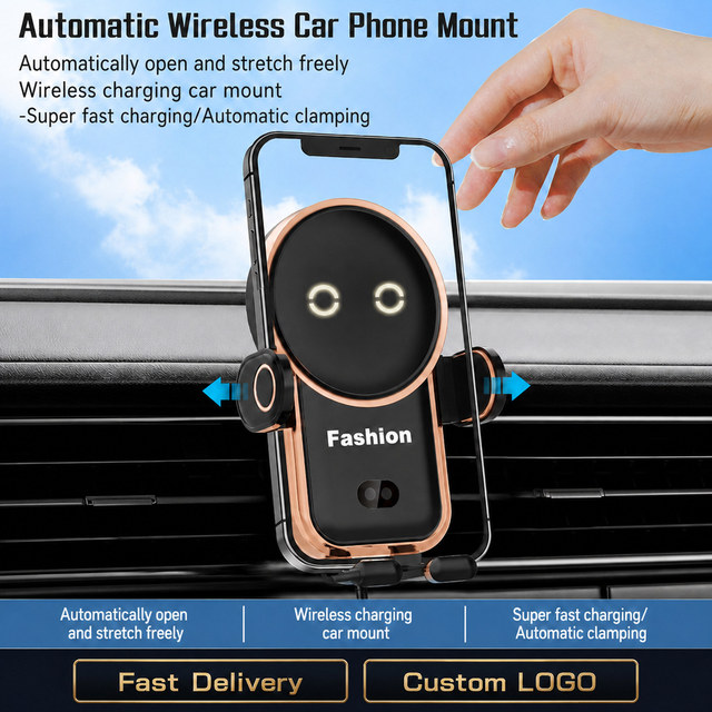 Car Phone Holder Wireless Charging Auto Clamp, 15W Fast Charging, One Hand Operation, Universal Smartphone