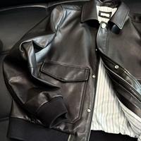 Blouson aviateur en cuir d'agneau noir véritable pour homme - Style vintage décontracté avec fermeture éclair, doublure patchwork, poignets côtelés, respirant