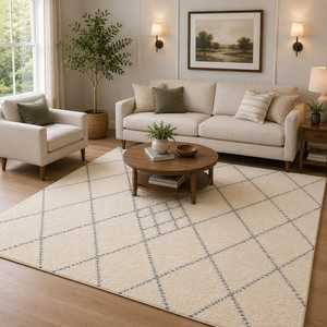 Tapis artisanal Shivani en laine de Nouvelle-Zélande, noué à la main, à poils moyens, crème, motif losanges, style berbère marocain - Product Image 4