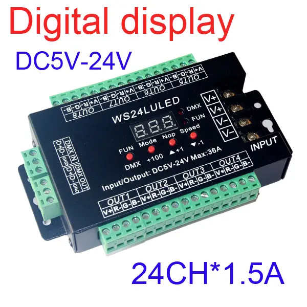 DC5V-24V 36A 8 porte RGB display digitale decoder 24ch dmx512 controller ws24lulued