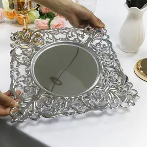 Luxury Restaurant Wedding Plate Sliver Square Plastic Food Serving Dishes Charger Plates With Round Circle Mirror