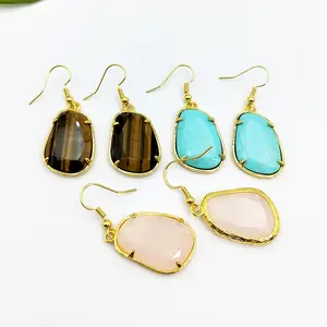 Korea Metal 14K Gold Natural Gemstone Quartz Earrings Big Drop Earrings Hanging Dangle Hoop Earring Jewellery Jewelry For Women