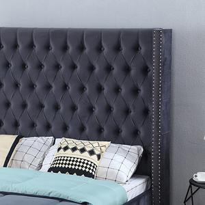 Cama Doble <span class=keywords><strong>con</strong></span> Diseño de <span class=keywords><strong>Tachuelas</strong></span> y Cabecera Alada, Tapizada en Tela Gris Franela, Categoría Camas de Madera - Product Image 3