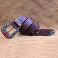 Sabuk JULUN untuk Pria Sabuk Kulit untuk Pria Sabuk Pria Asli Gaya Amerika Gesper Bunga Timbul Warna Gunmetal Kulit Sapi Koboi Barat