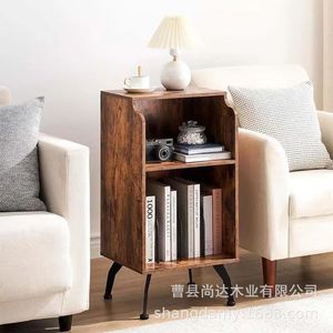 Retro solid wood floor shelf, multi-tiered storage rack for vinyl <b>records</b> and magazines, multi-functional bedside storage rack - Product Image 2