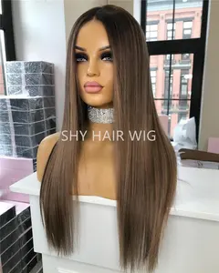 Wig renda highlight coklat 13x4 tanpa lem perruque naturel avec tulang depan lurus pirang gelap wig rambut virgin mentah