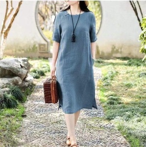 <span class=keywords><strong>Robe</strong></span> mi-longue décontractée d'été vintage en <span class=keywords><strong>coton</strong></span> et <span class=keywords><strong>lin</strong></span> à manches courtes pour femme, idéale pour la <span class=keywords><strong>plage</strong></span> et les fêtes - Produit tendance OEM Liu Ming - Product Image 2