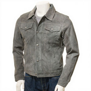 เสื้อแจ็คเก็ตหนังกลับสีเทาแท้สำหรับผู้ชาย ทรงเข้ารูป สไตล์ Trucker Biker วินเทจ หนังวัวแท้แบบดิสเทรส เสื้อโค้ทคลาสสิกสั่งทำพิเศษ เสื้อคลุมกันหนาวแบรนด์ดัง - Product Image 1