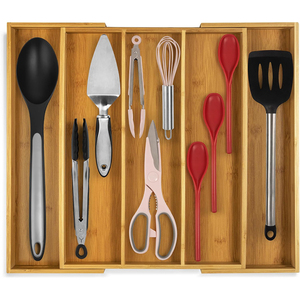 Organisateur de tiroir de cuisine en bambou écologique réglable avec rainures incurvées, <span class=keywords><strong>extensible</strong></span> 3-5 compartiments, boîte de rangement durable et légère - Product Image 1