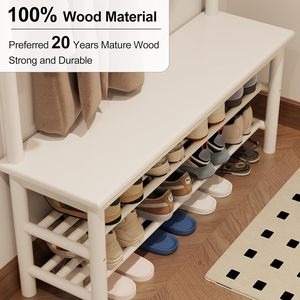 Moderno perchero blanco de estilo mid-century moderno con 11 ganchos, estantes de almacenamiento de 2 niveles, banco de madera 3 en 1 <span class=keywords><strong>para</strong></span> <span class=keywords><strong>recibidor</strong></span> y zapatero de sala de estar - Product Image 2