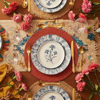 Service de table en céramique indigo tie-dye floral, vaisselle de cuisine, assiettes décoratives bohèmes, tasse, soucoupe, passe au micro-ondes et au lave-vaisselle