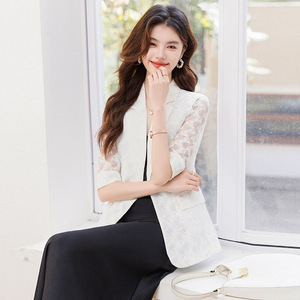 Lace Blazer For Women White Hollow Three Quarter Sleeve Summer Breathable Elegant Versatile Thin Top Petite Size - Product Image 4