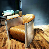 Fauteuil Aviateur Rétro Industriel Style Américain en Aluminium avec Accoudoirs, Siège Unique en Cuir Pleine Fleur Rembourré Éponge, pour Salon Décontracté à Domicile