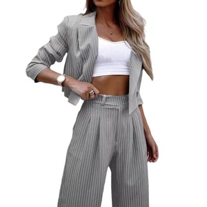 Ensemble de costume décontracté rayé pour femme, blazer gris à fines rayures, pantalon droit, manches classiques, tissu polyester K-1503 - Product Image 5