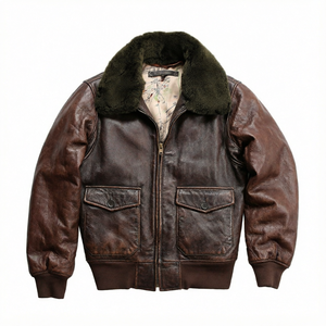 Vintage Brown Bomber <b>Jacket</b> Men <b>Sheepskin</b> Collar Zip Up Motorcycle Outerwear Winter g1 Pilot Leather <b>Jacket</b> - Product Image 1