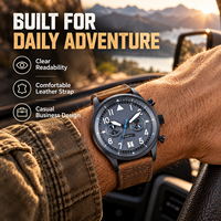 Montre chronographe à quartz pour homme avec logo personnalisé, aiguilles lumineuses, calendrier, bracelet en cuir véritable, montre-bracelet pour affaires